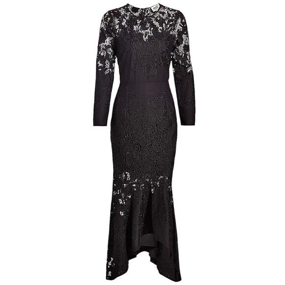 Marchesa Rosa Black Linen Lace Maxi Dress Handkerchief Hem Size 2 - Picture 3 of 15